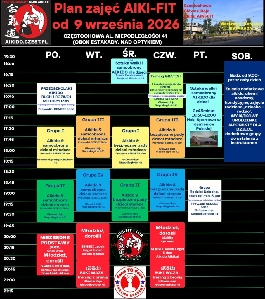 Plan zajęć / Grafik sztuk walki i samoobrony Aikido w Klubie Aiki-Fit 5 Plan grafik AikiFit od 1 wrzesnia 2026 1