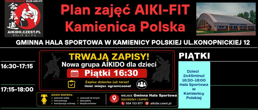 Plan zajęć / Grafik sztuk walki i samoobrony Aikido w Klubie Aiki-Fit 7 Plan zajec Kamienica Polska Aikido z AikiFit od 1wrzesnia2025