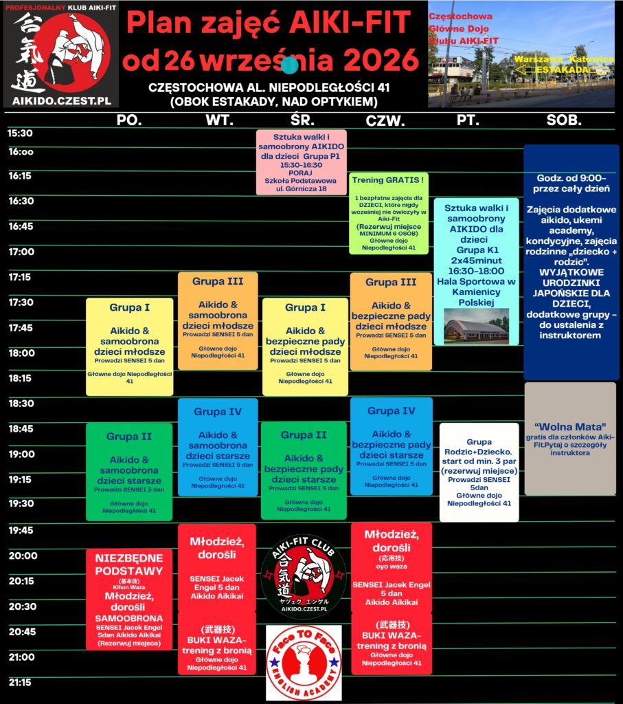 Plan zajęć / Grafik sztuk walki i samoobrony Aikido w Klubie Aiki-Fit 5 plan AikiFit od 28 09 2026